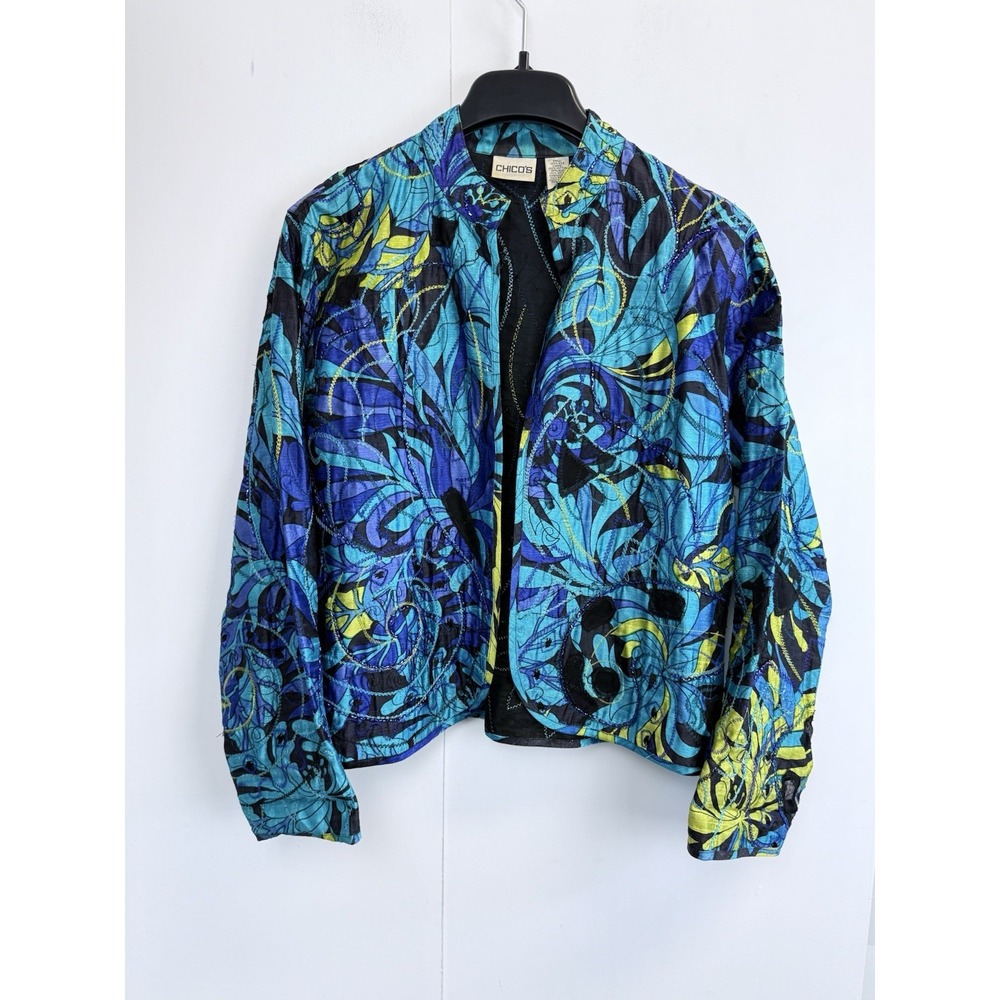 Chicos Jacket Womens 1/M Silk Embroidered Embellished Open Front‎ Cut Work Blue
